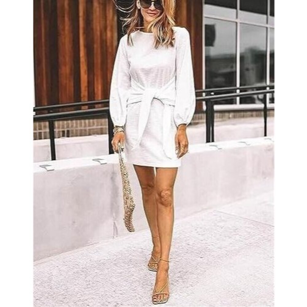 Tobrief Womens Knit Dress Size Small Lantern Sleeve Tie Waist White Party  A1